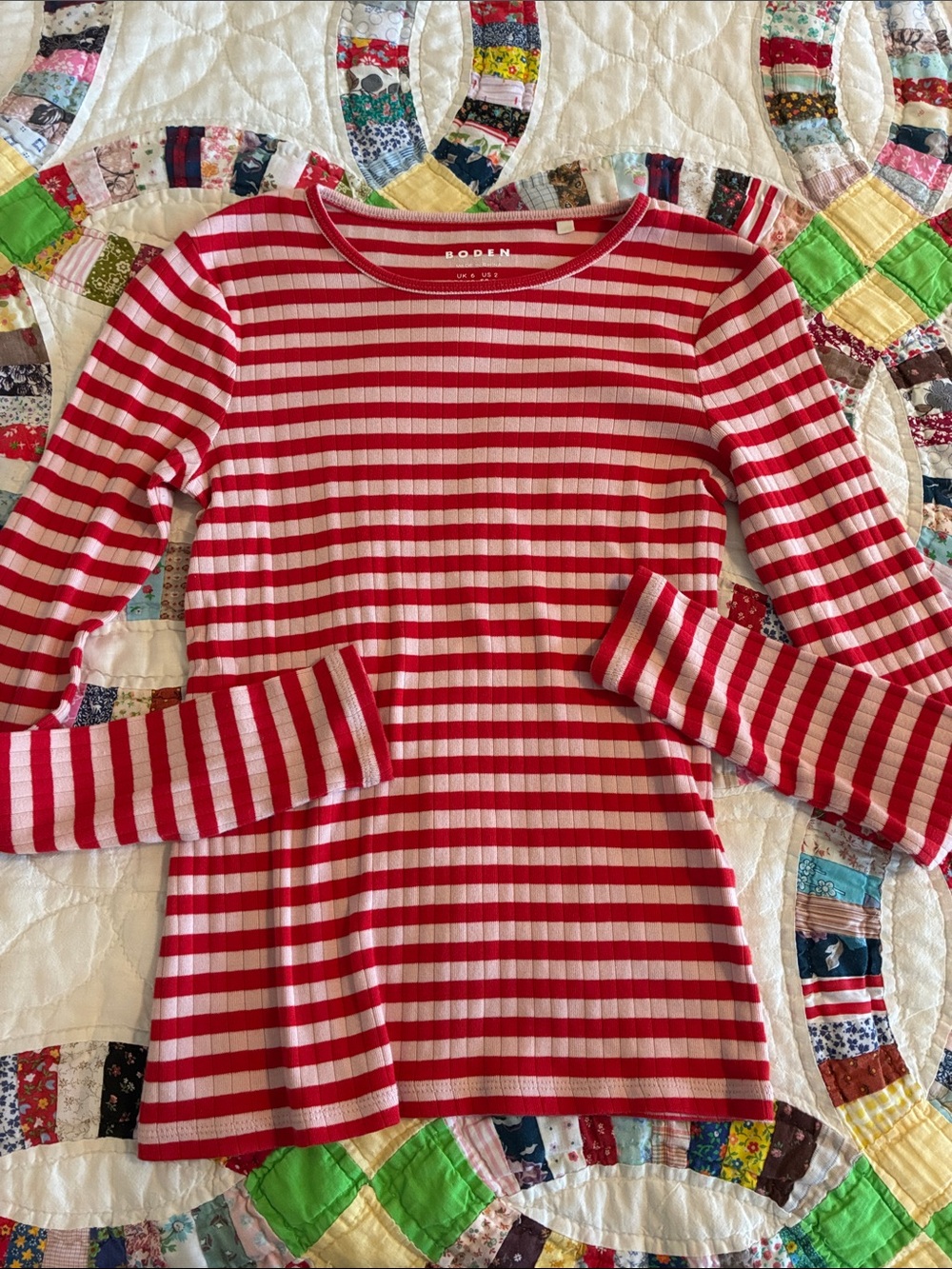 Boden Red and White Ribbed Long-Sleeve Stripe Tee ribbed feminine cotton